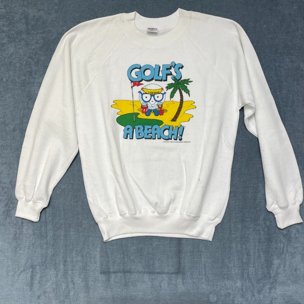 VTG AmaPro Golf's A Beach Sweatshirt Mens XL White Cotton Crew Neck Fleece Lined